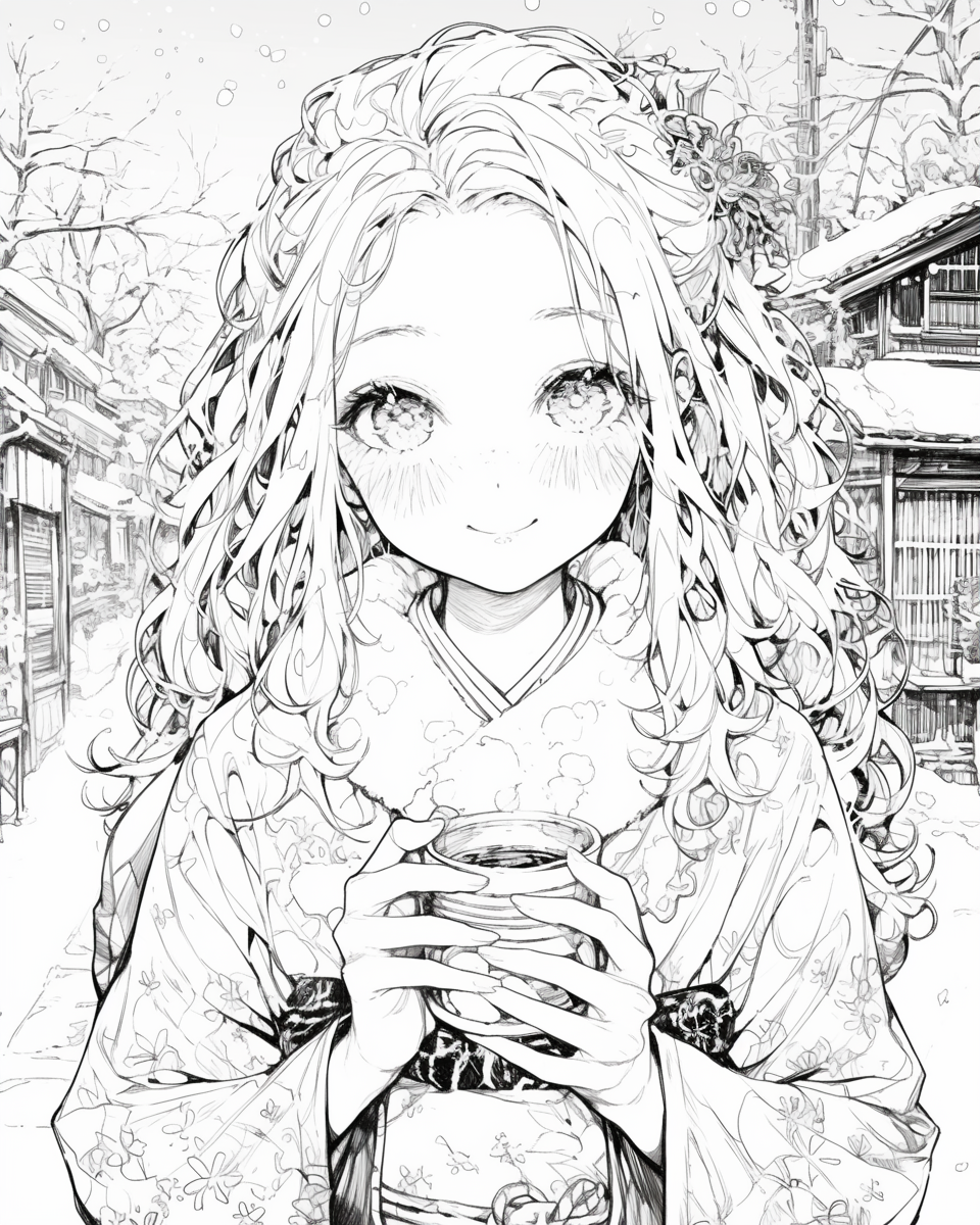 Kimono girl smiling in snowy village with tea.