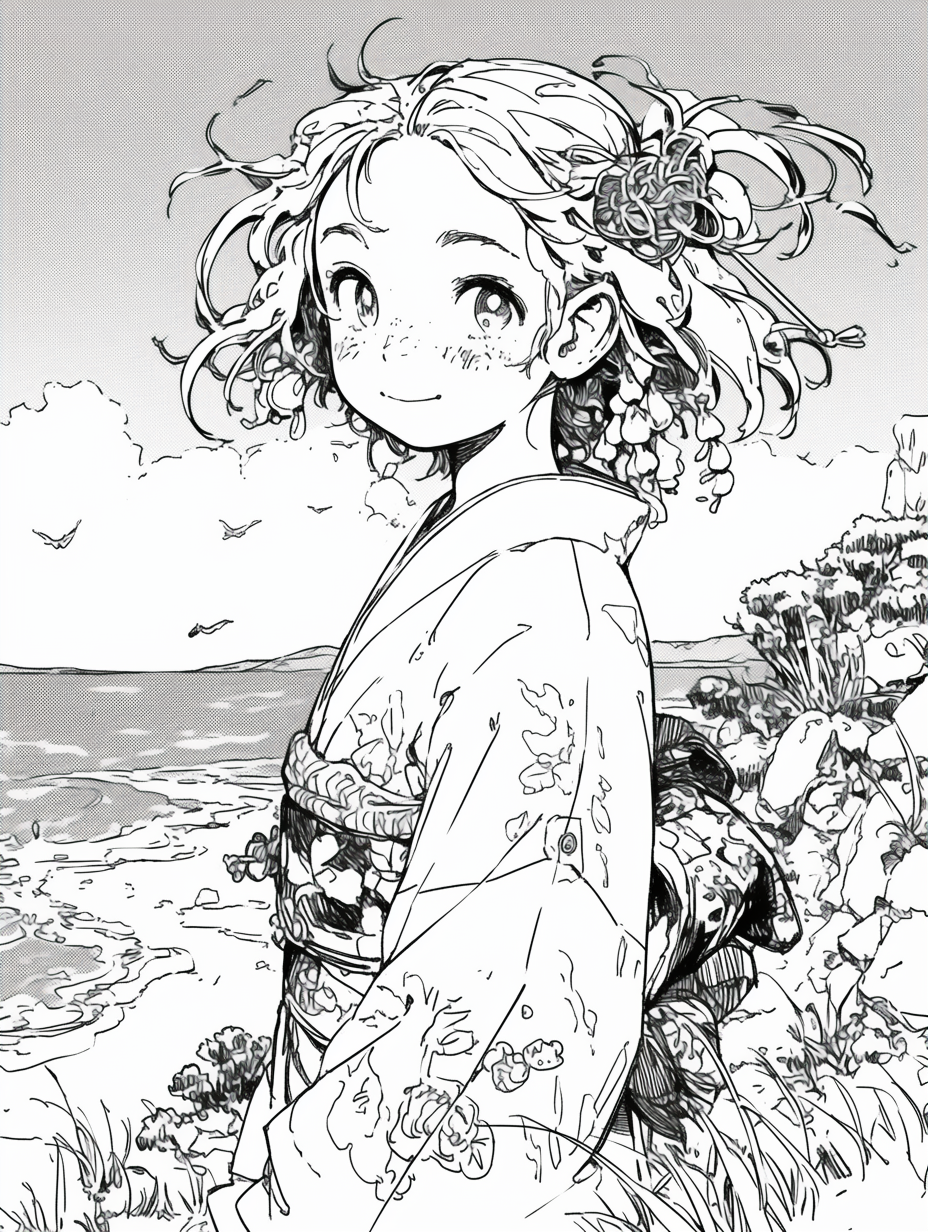 Kimono girl smiling while flying paper kite by sea.