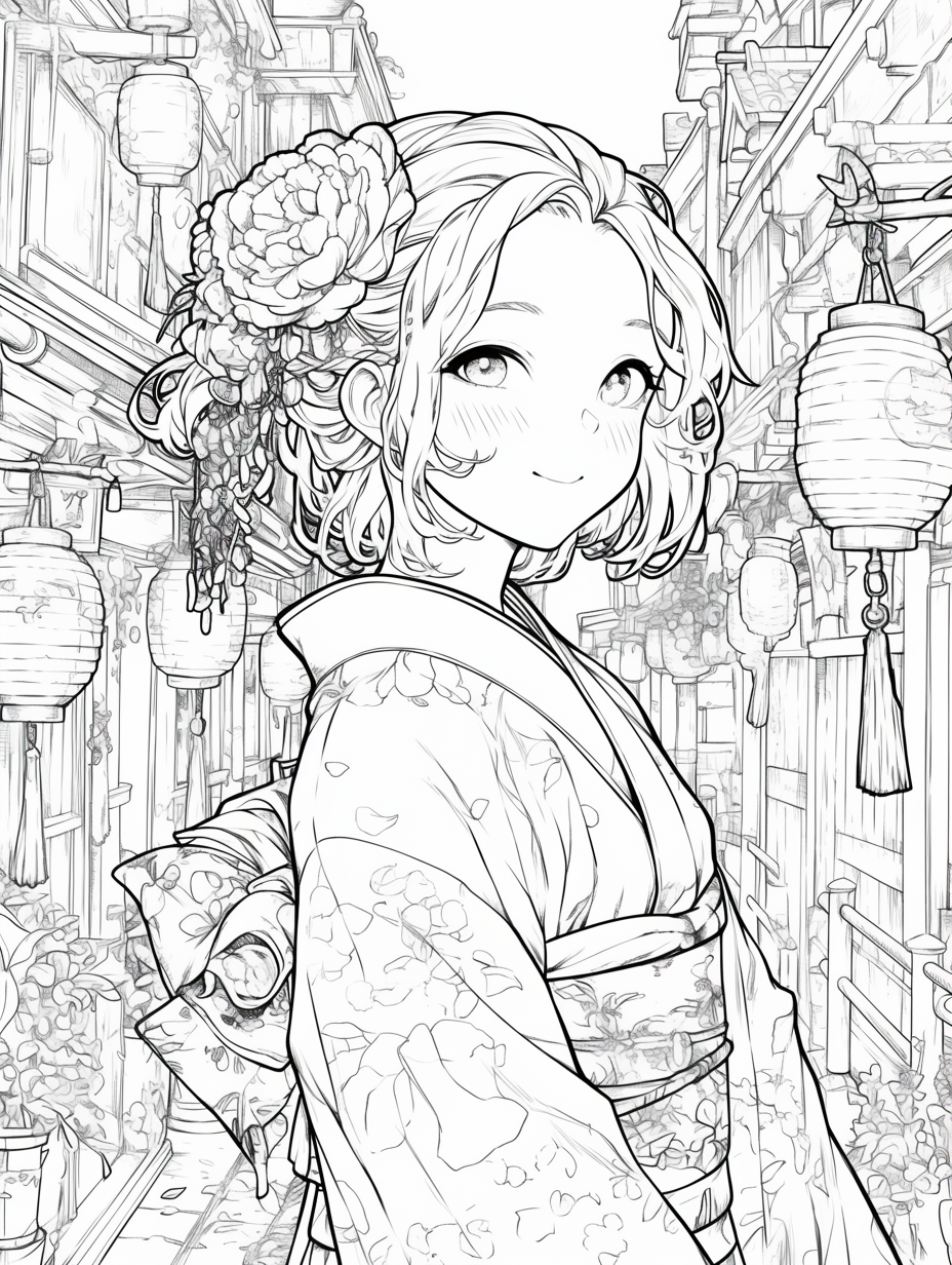 Kimono girl walking on quiet street with lanterns smiling.