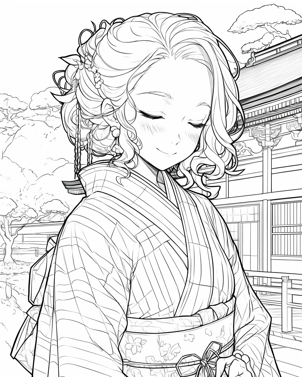 Kimono girl with a smile in coloring book style.