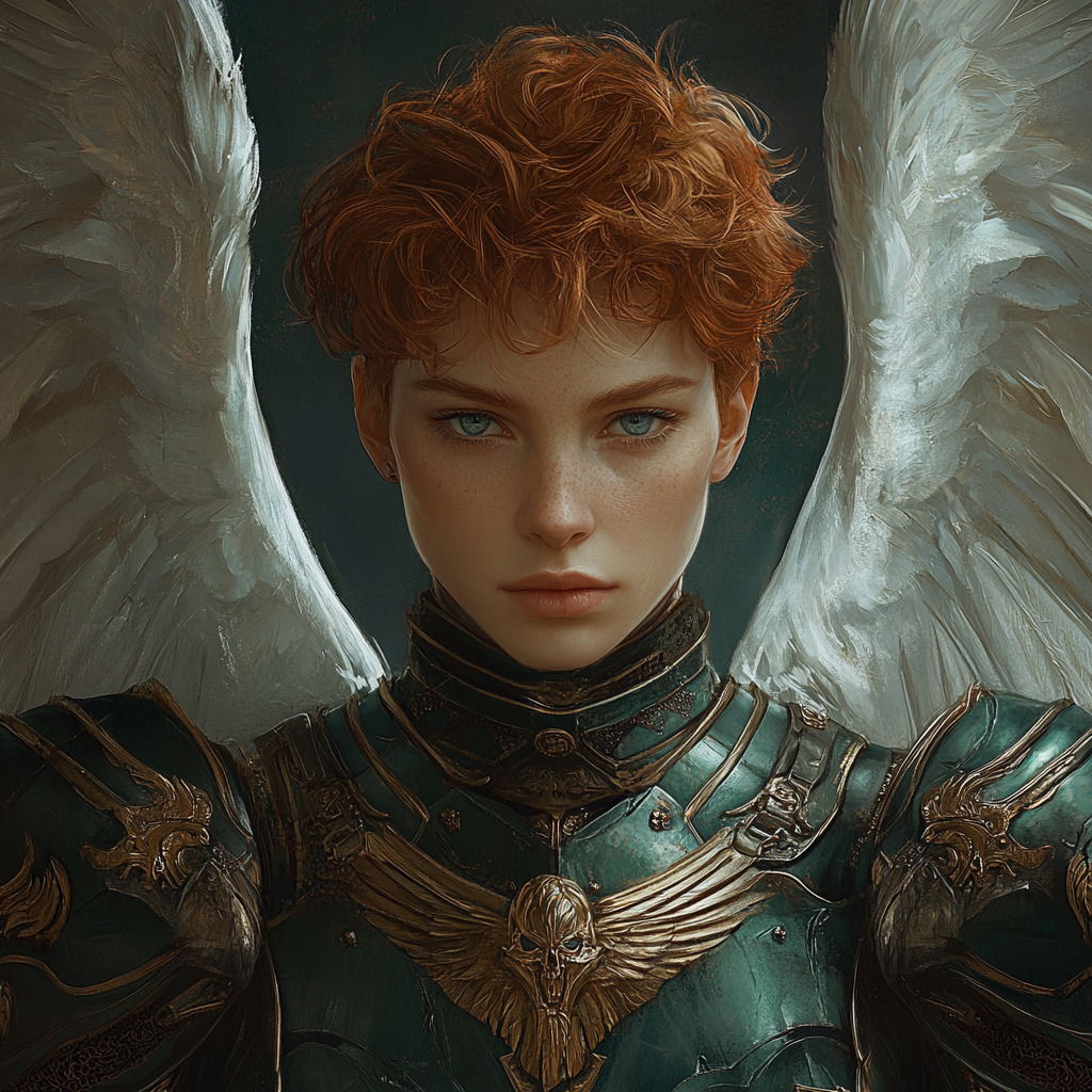 Kind, wise, powerful non-binary Archangel warrior with white wings.