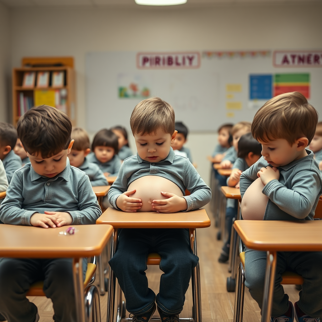 Kindergarten Boys Expanding Bellies in Classroom
