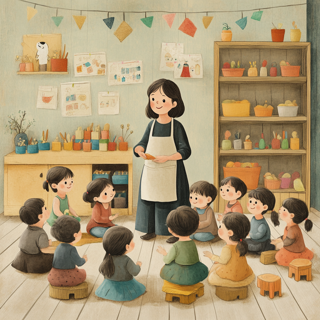 Kindergarten teacher with kids in colorful classroom setting