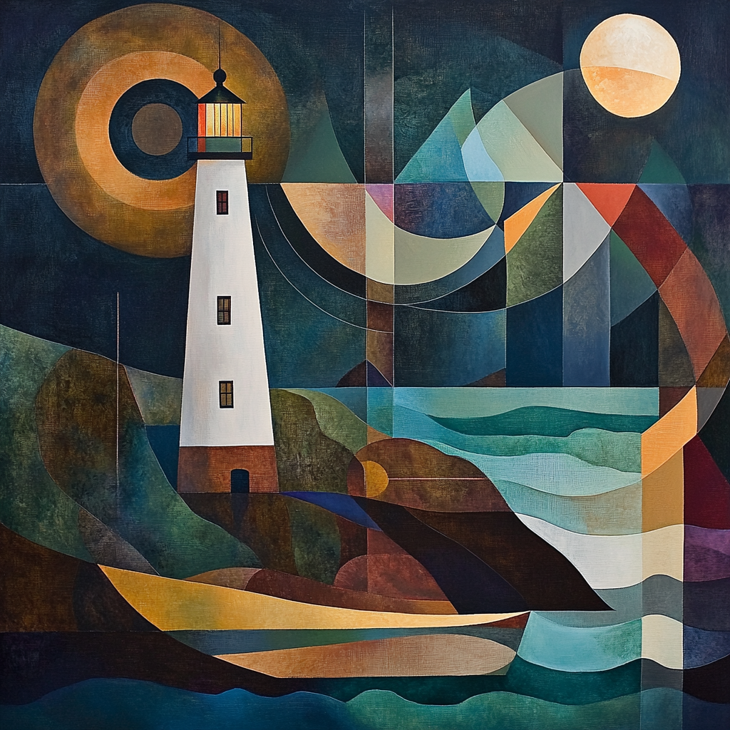 Kindred spirits and lighthouse in abstract acrylic painting.