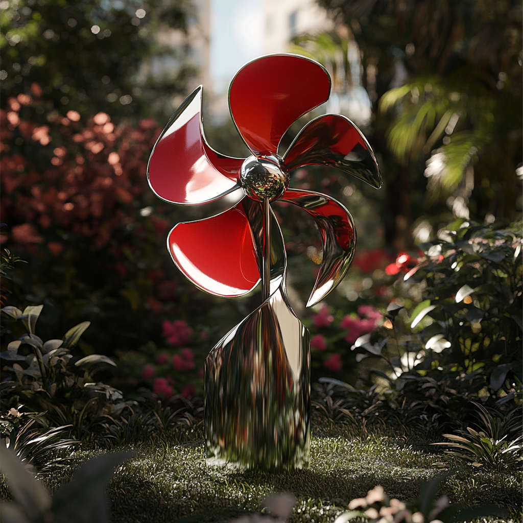 Kinetic Metal Sculpture on 100cm Pedestal in Garden