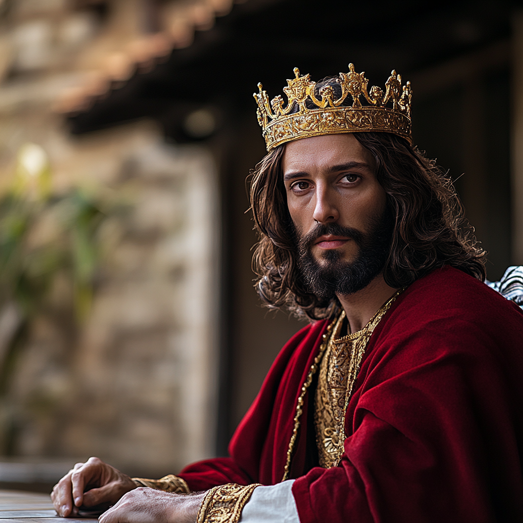 King Jesus sits at table with empty chair.