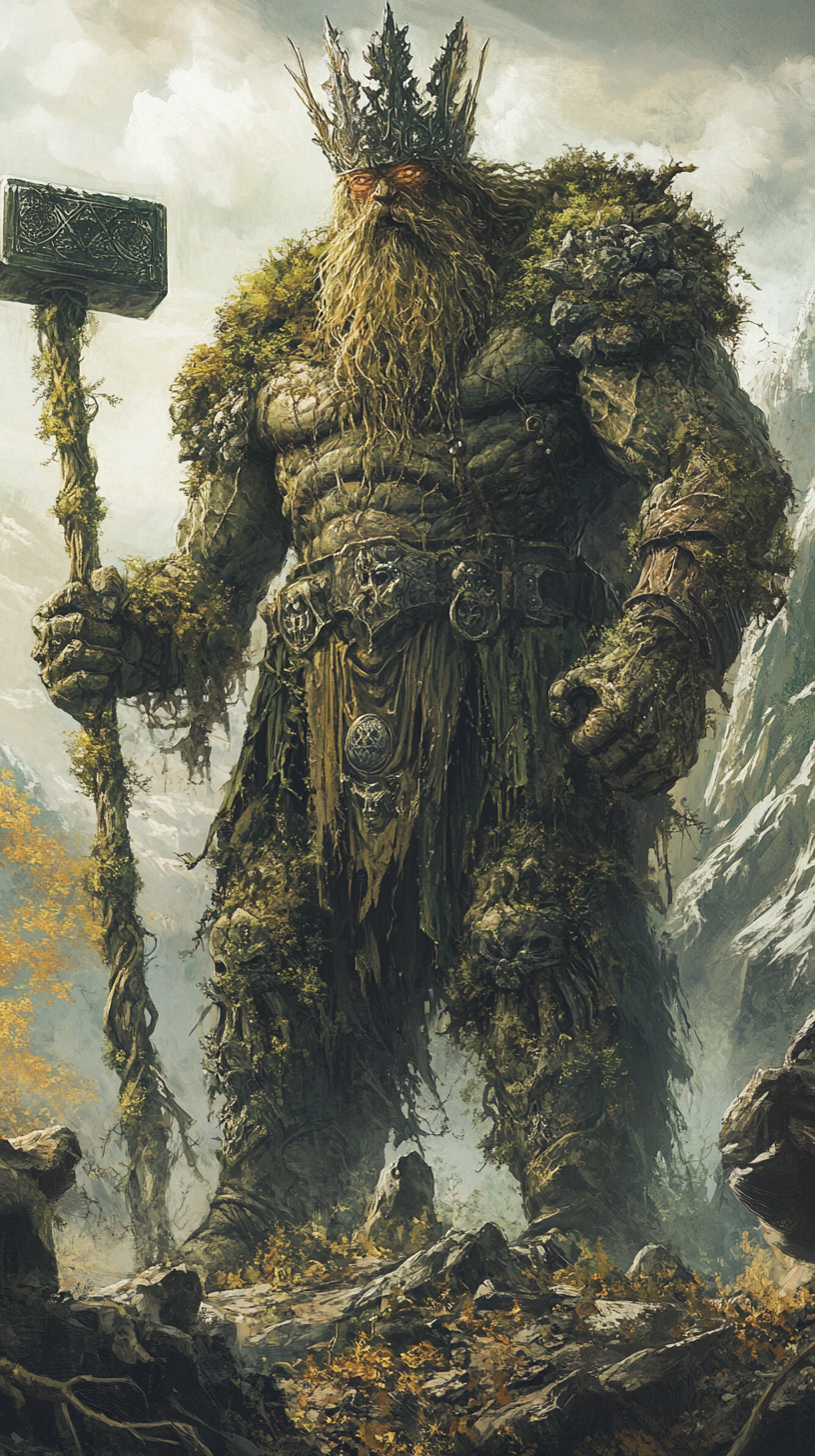 King of Earth, colossal figure with rock skin, armor.