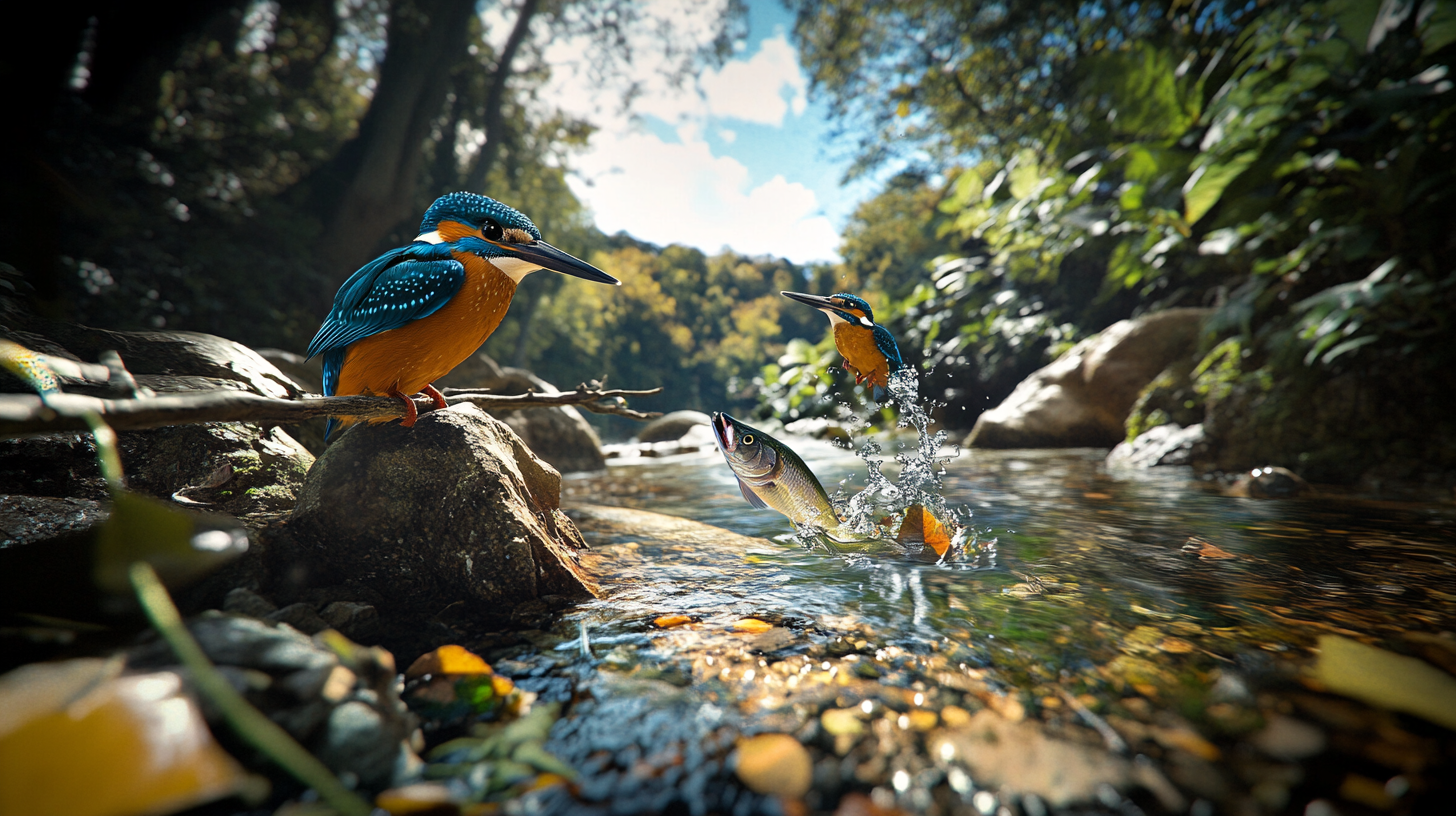 Kingfisher watching another dive into stream for fish.