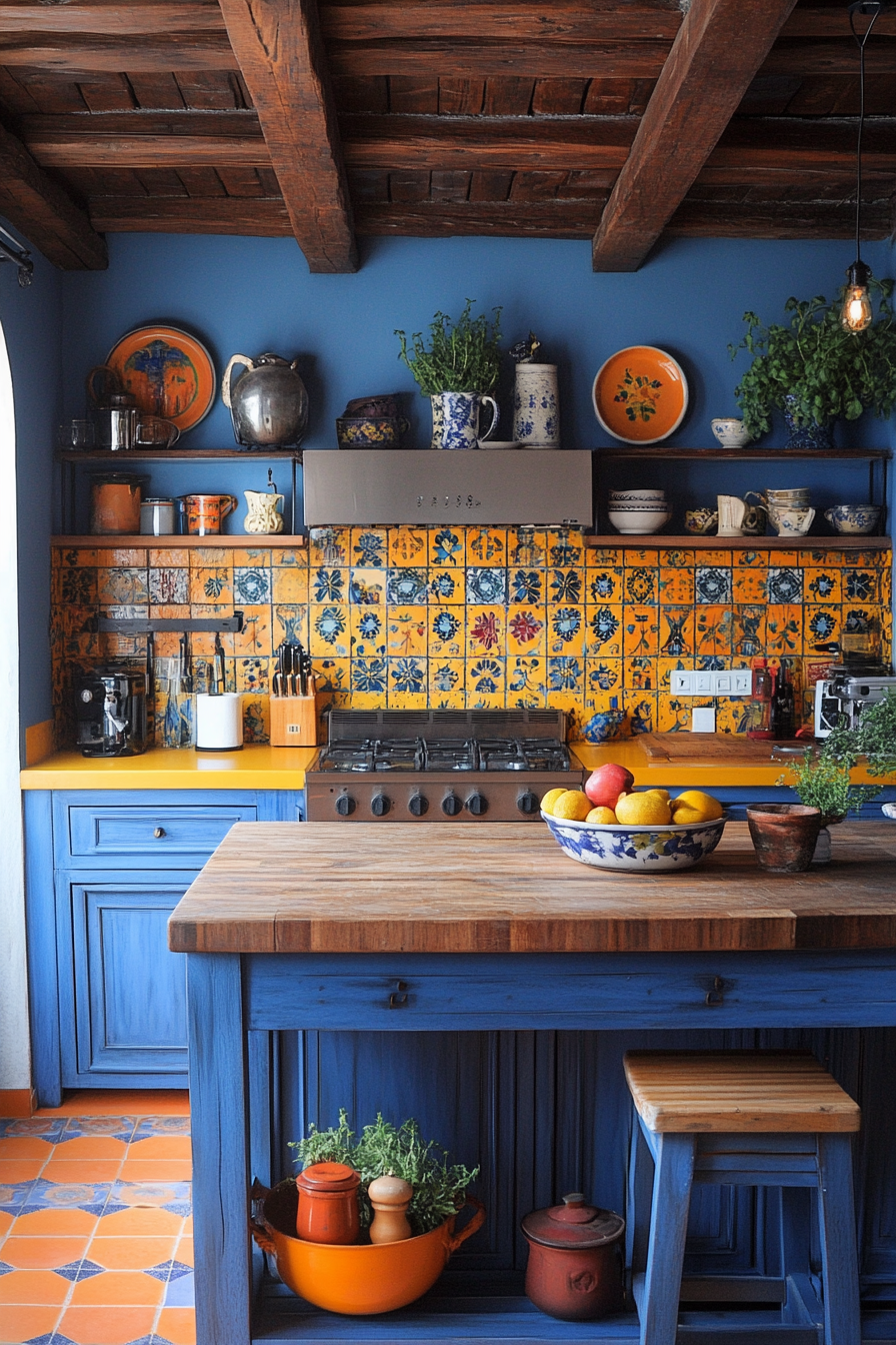 Kitchen design with vibrant Mediterranean colors and elements.