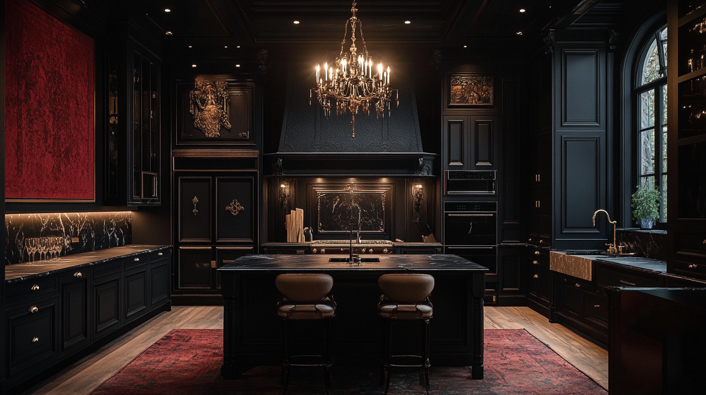 Kitchen with dark cabinets, black marble, gothic chandelier. Luxurious.