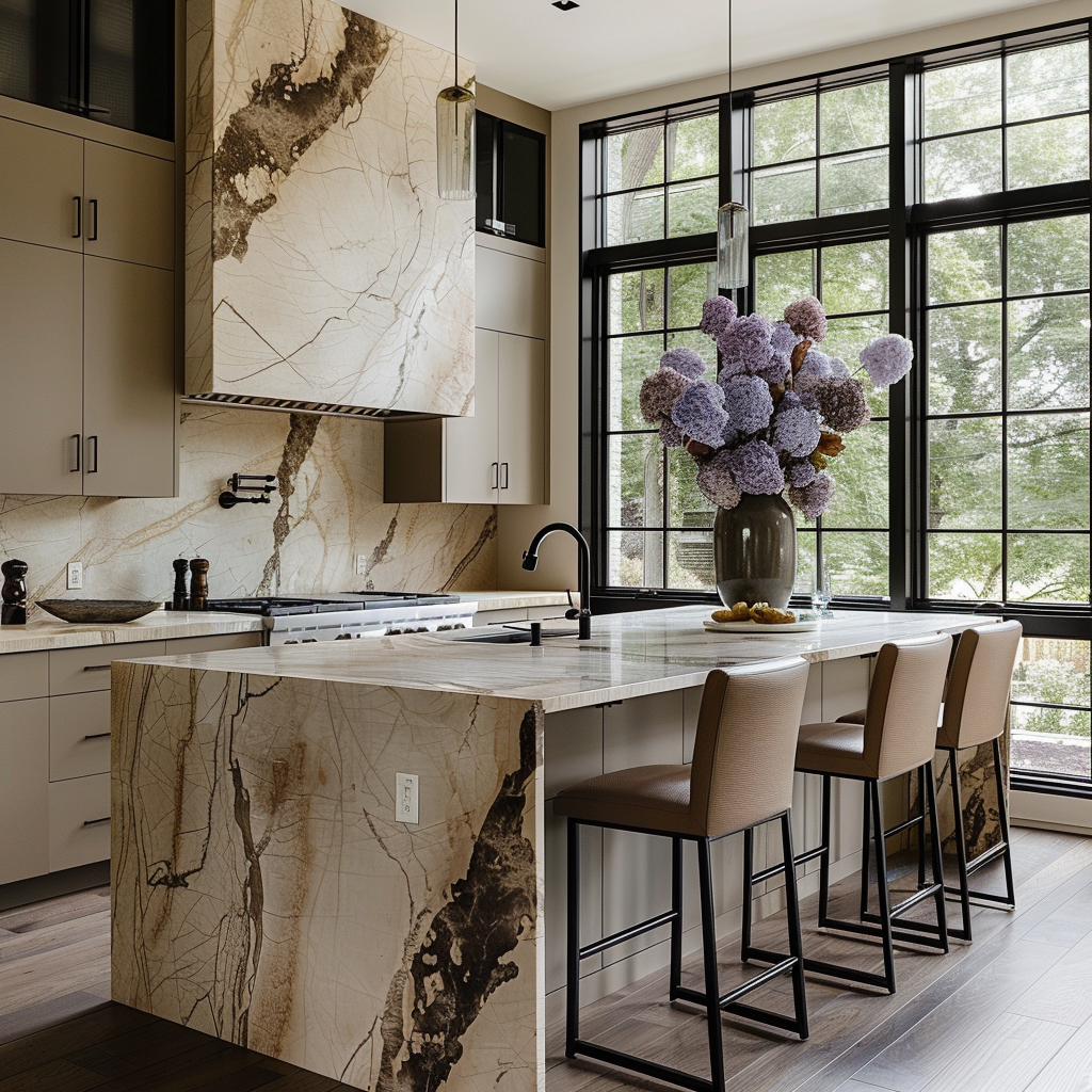 Kitchen with modern luxury, organic feel, and elegant design.