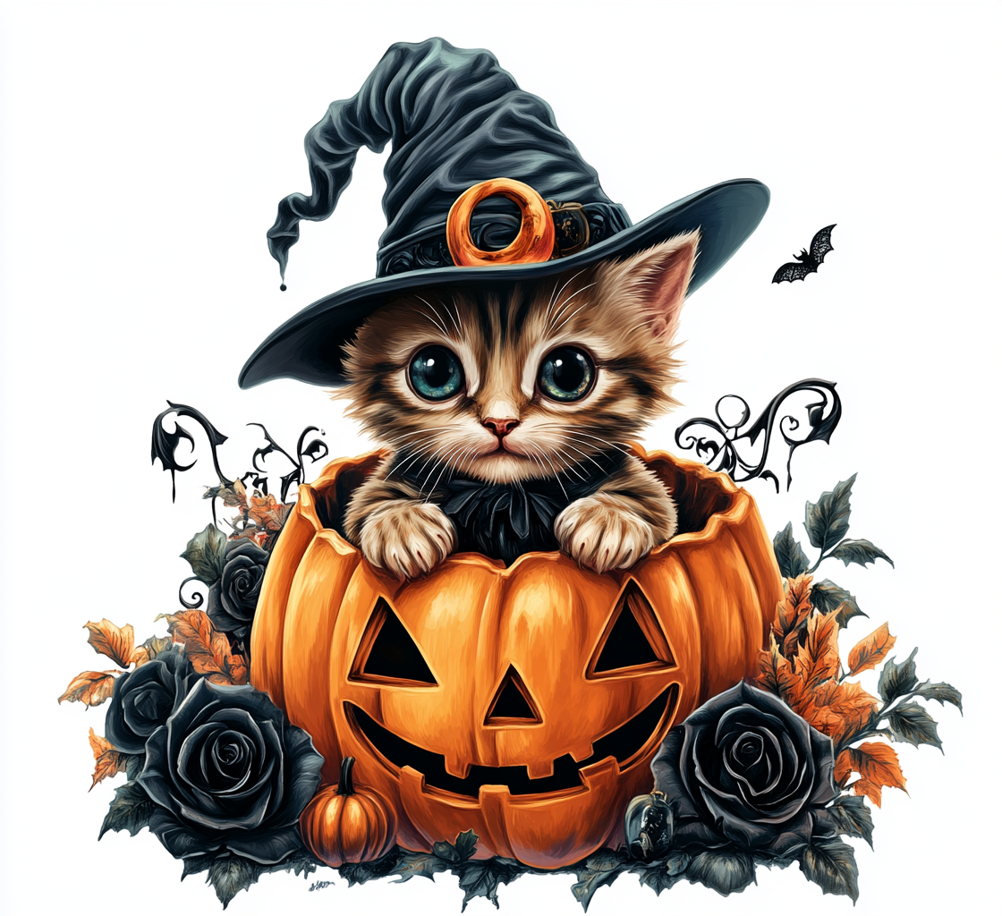 Kitten in witch hat, pumpkin, moon, black roses, Halloween.