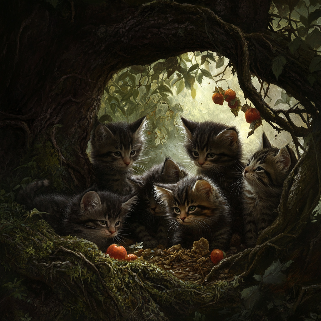 Kittens sharing crumbs under tree, dreaming of warmth