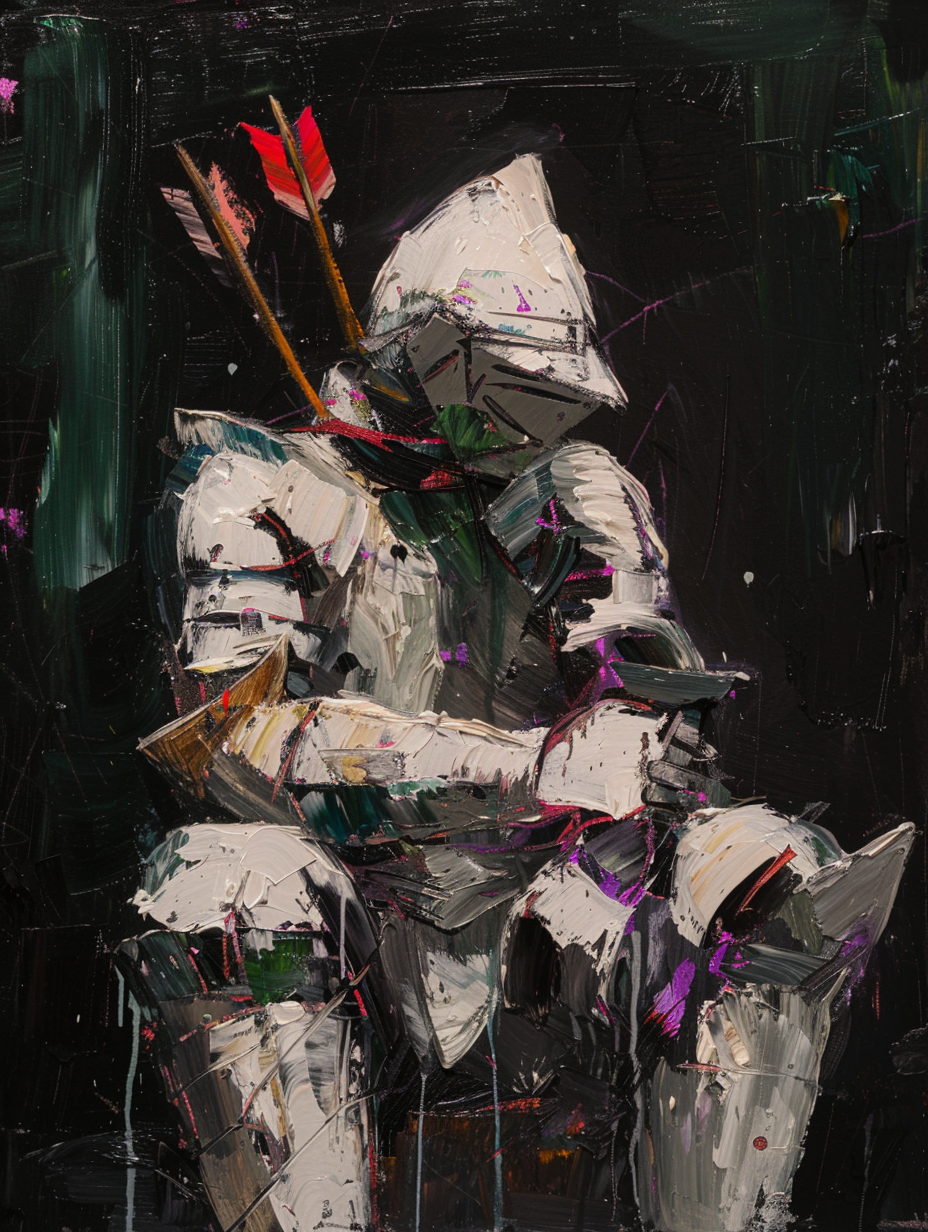 Knight defeated with arrows, painted on canvas.