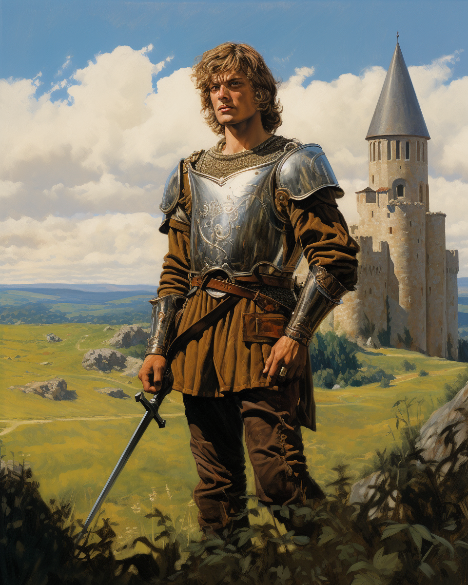 Knight in armor holding weapon in medieval setting.