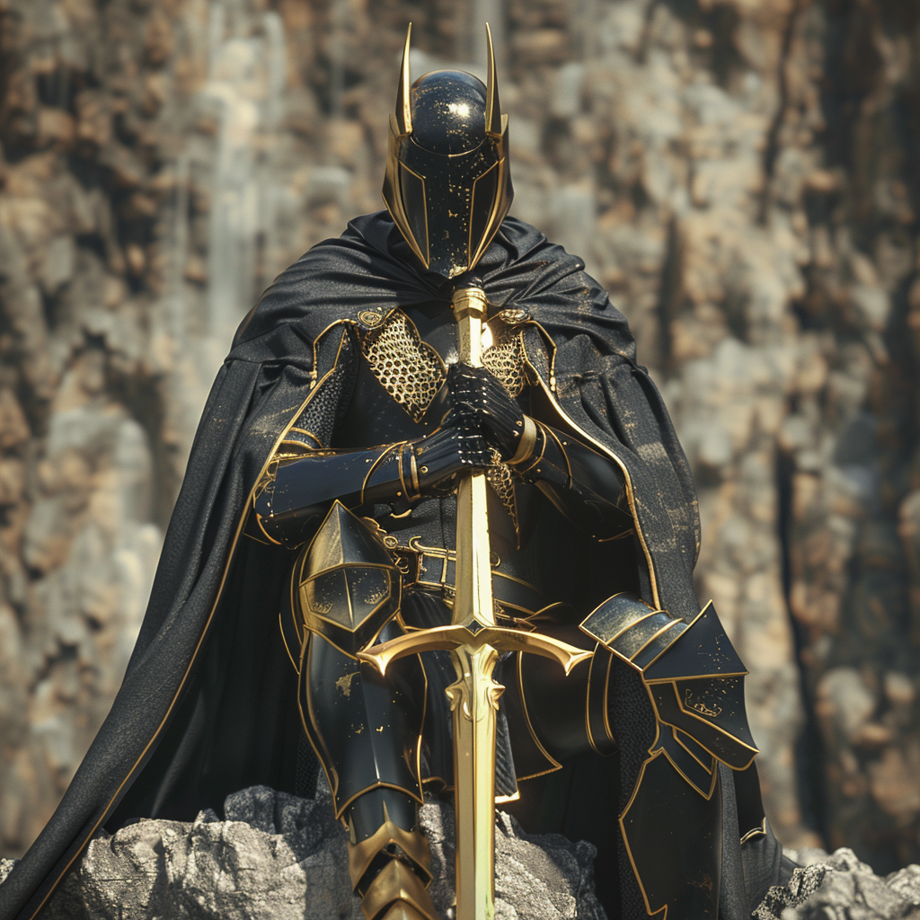 Knight in golden armor holding sword in rock