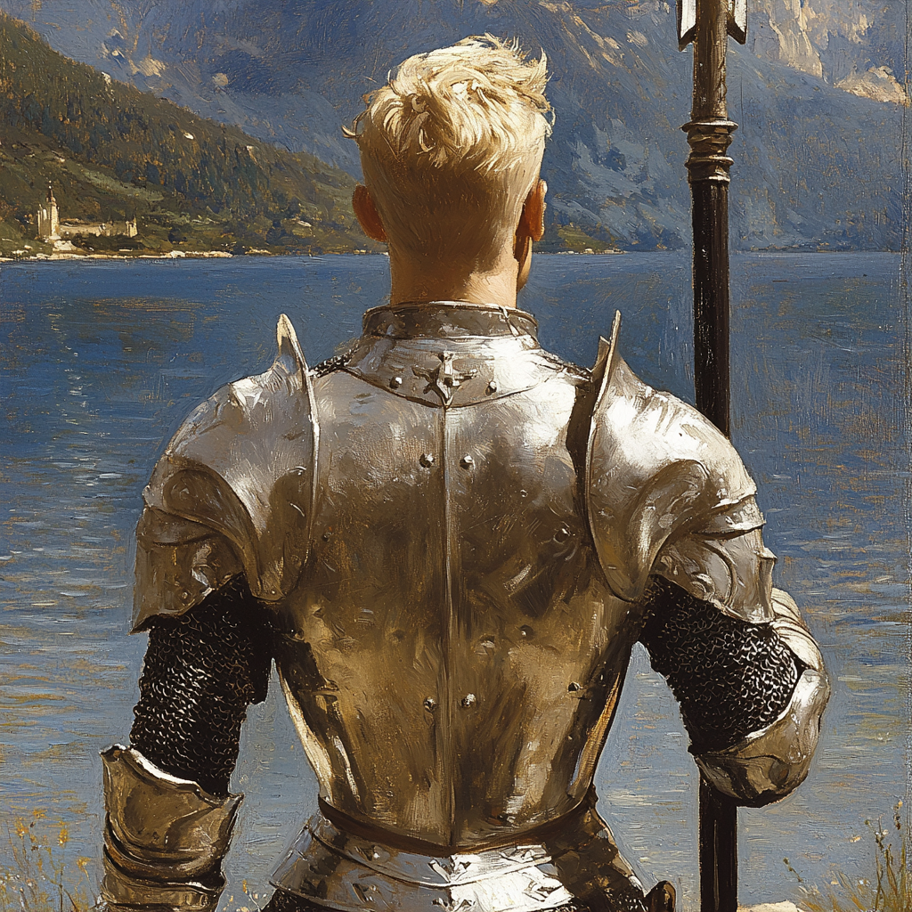 Knight in silver armor with spear, noble blonde hair.