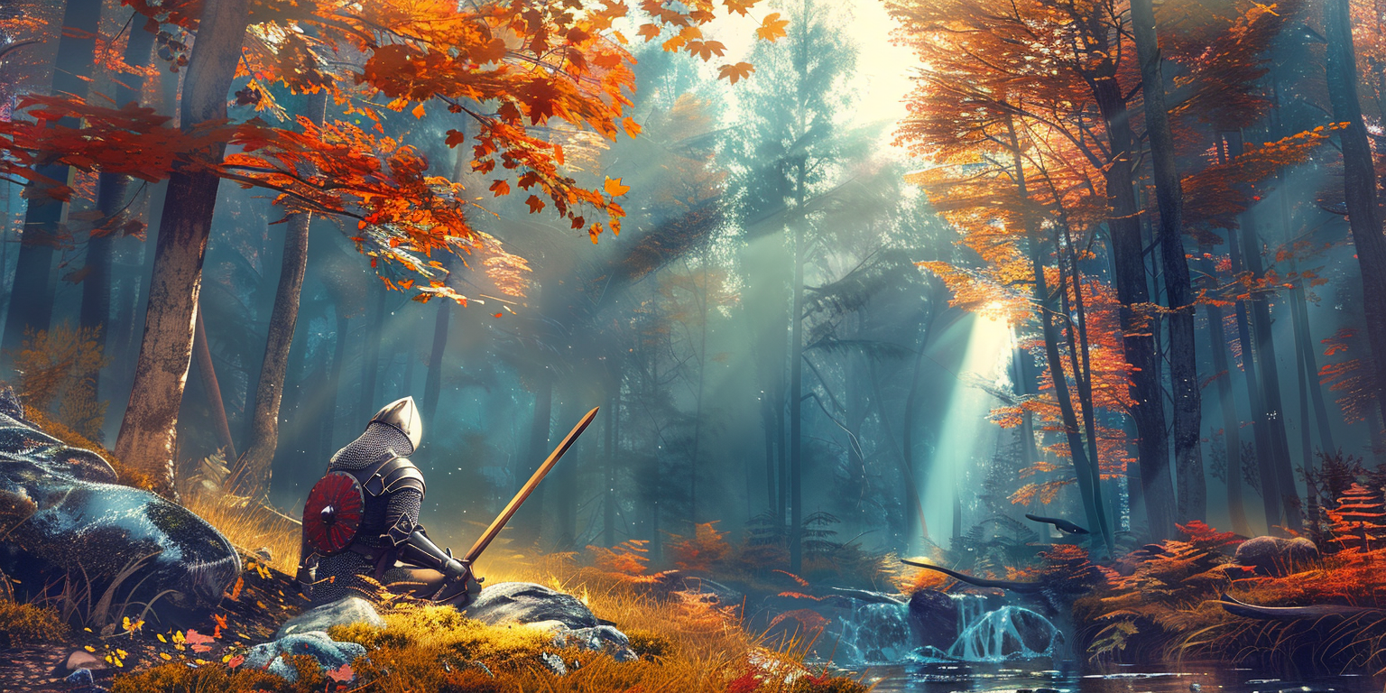 Knight rests by colorful forest stream in sunlight.