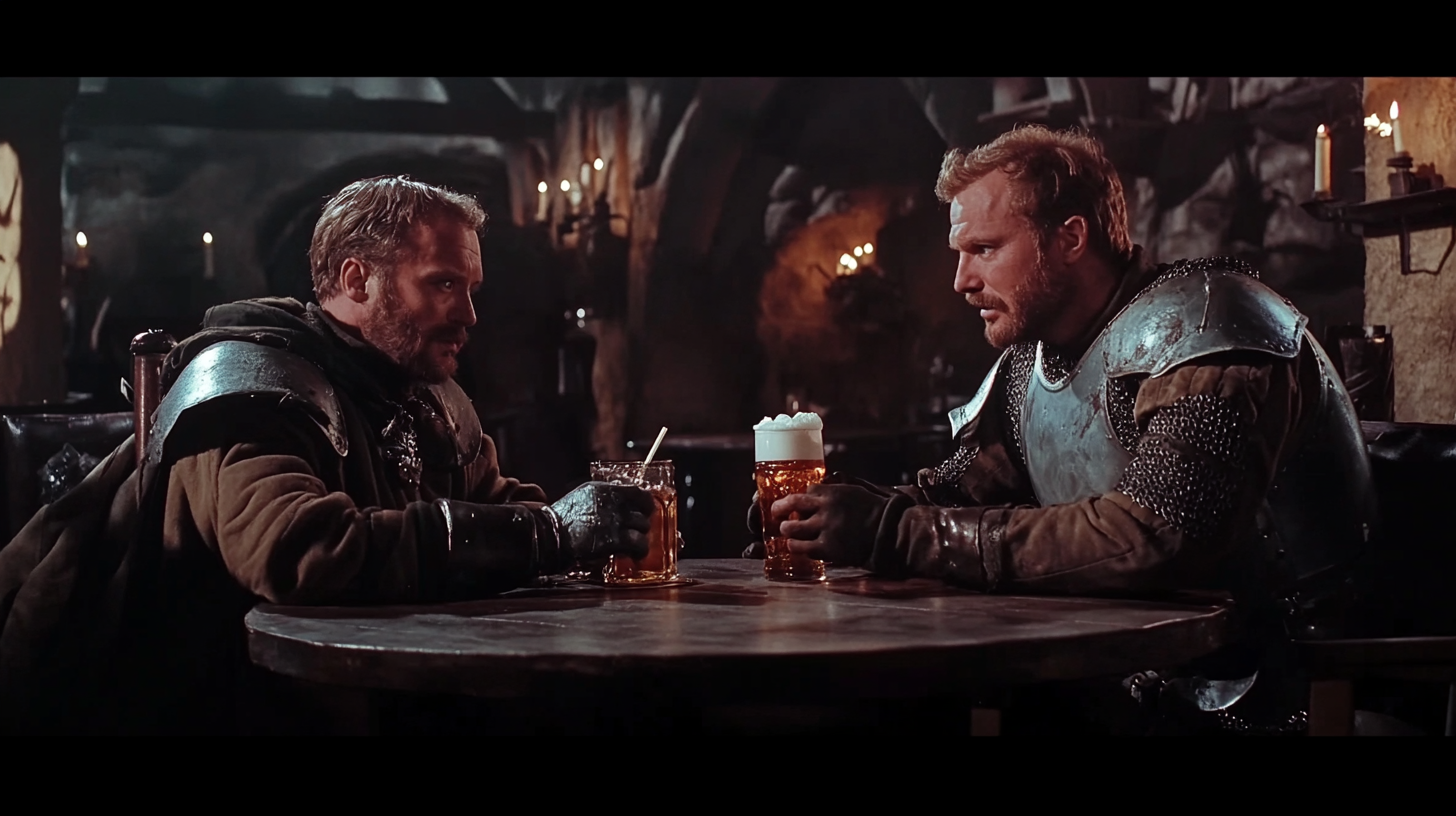 Knights drinking beer in dimly lit tavern scene.