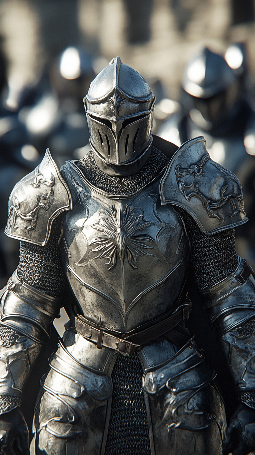 Knights in plate armor wearing full steel suits protect.