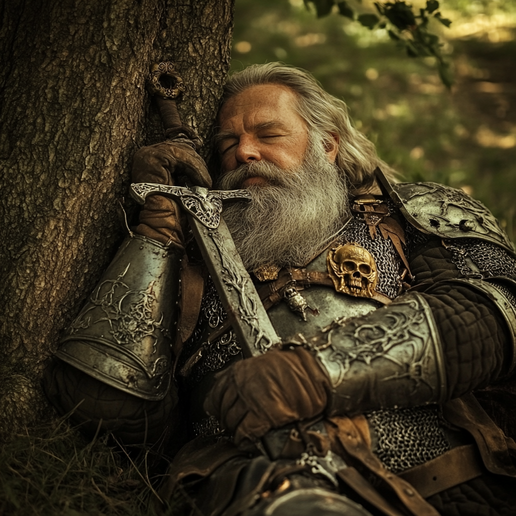 Knights with sword resting on tree, grey beard shown.