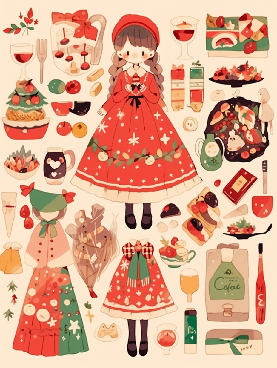 Knolling of Cute Christmas Girl and Decorations