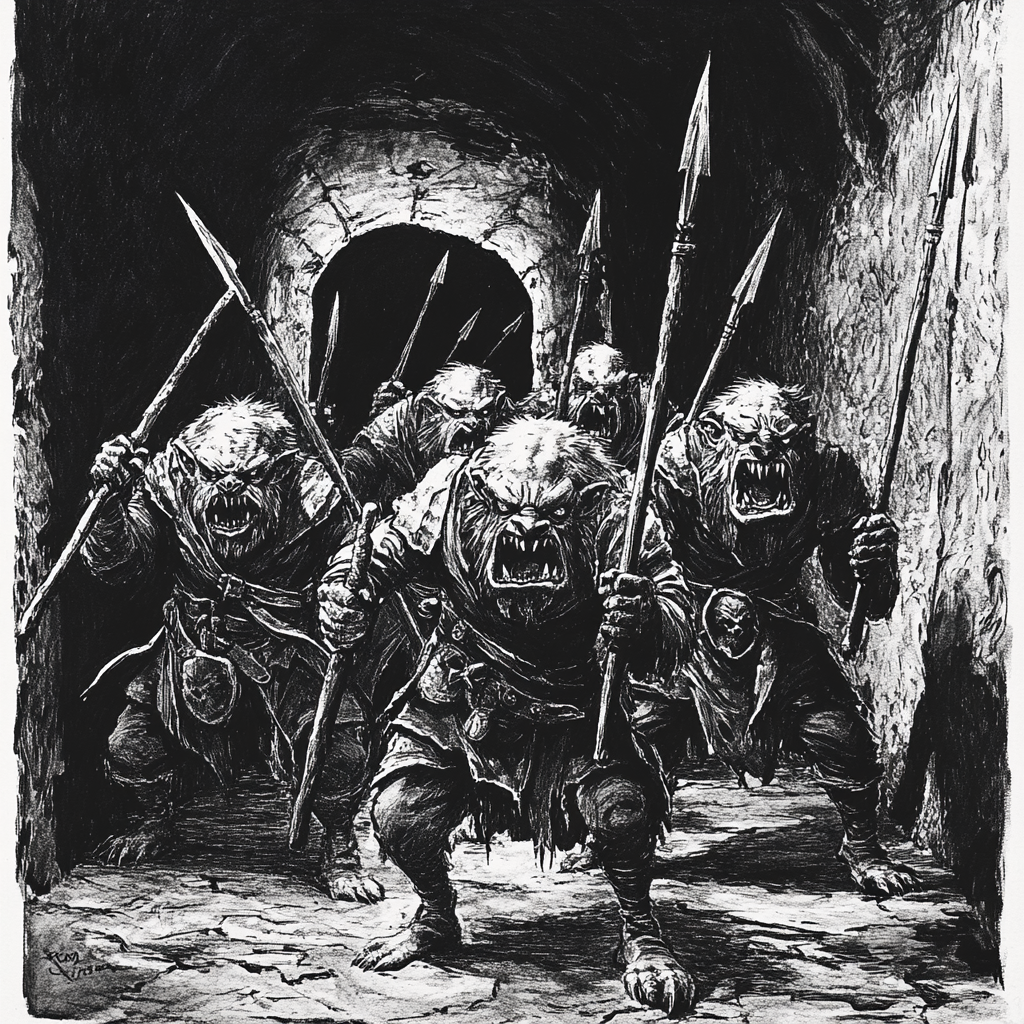 Kobold Squad with Spears in Dungeon Battle Drawing.