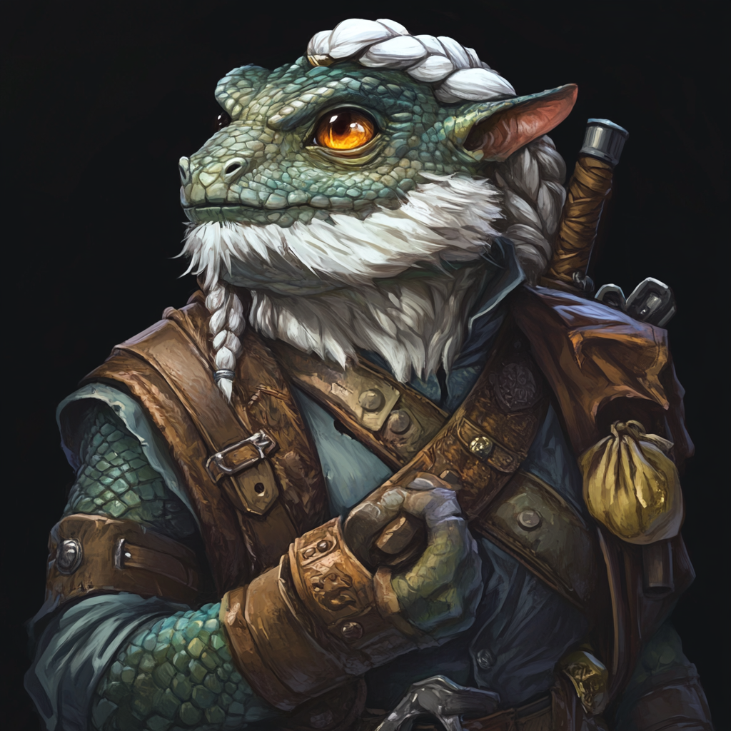 Kobold bard Rufus with green skin, gold eyes, beard.