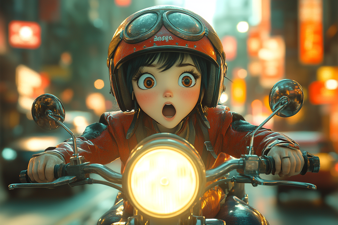 Korean Disney character on motorcycle shocked by car