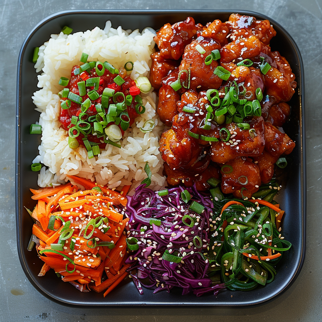 Korean chicken with coleslaw, vegetables, rice on plate.