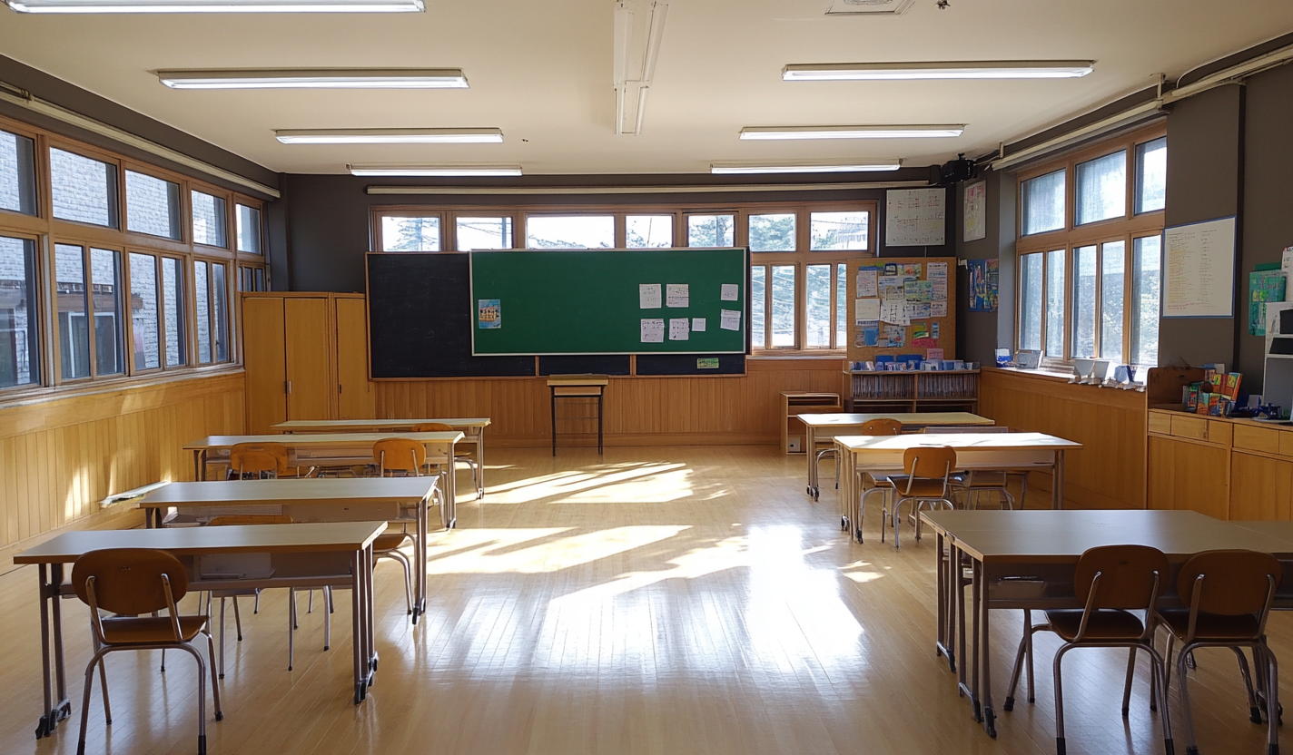 Korean classroom with clean desks and polished floor.