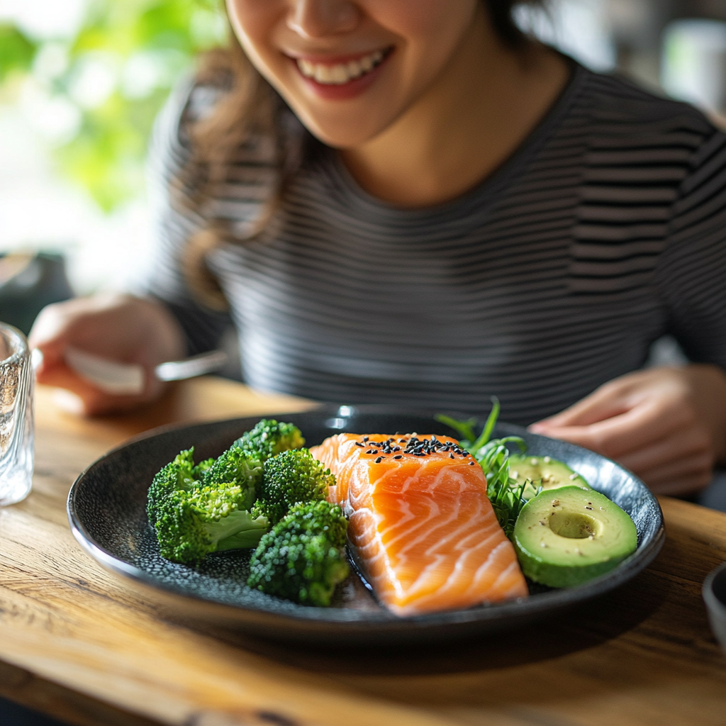 Korean enjoying healthy meal of salmon, broccoli, avocado. Happy!