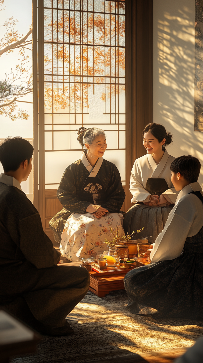 Korean family in cozy living room laughing together