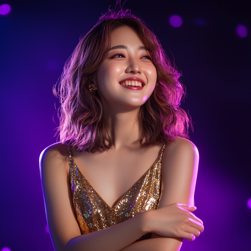 Korean girl, 19, brown hair, cheerful, laughing, gold dress.