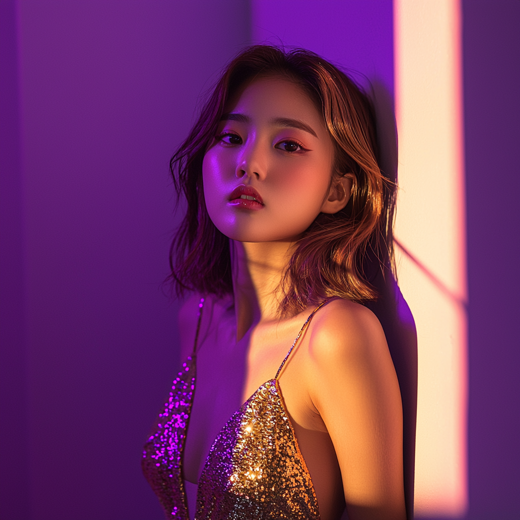 Korean girl, 19, serious look, in gold dress.