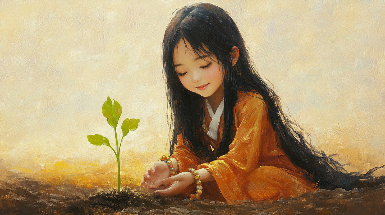 Korean girl bodhisattva with smiling at green sprout.