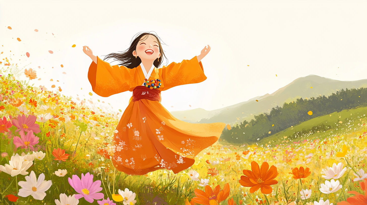 Korean girl dances joyfully in golden flower field.