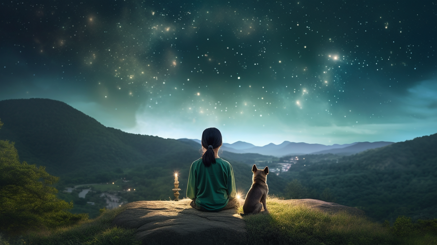 Korean girl in bodhisattva attire with night sky.