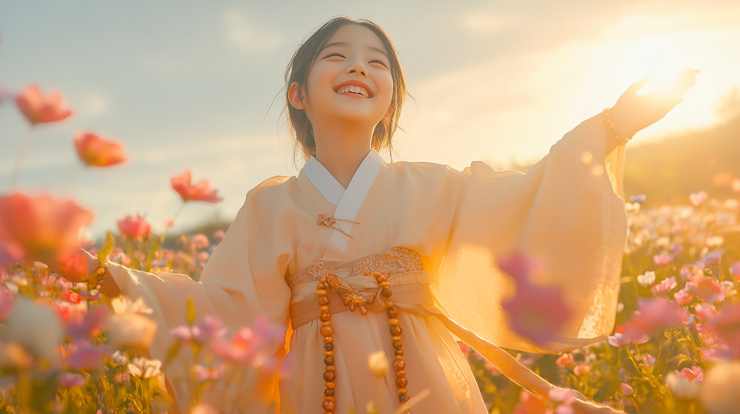 Korean girl in bodhisattva costume, dancing in flower field.