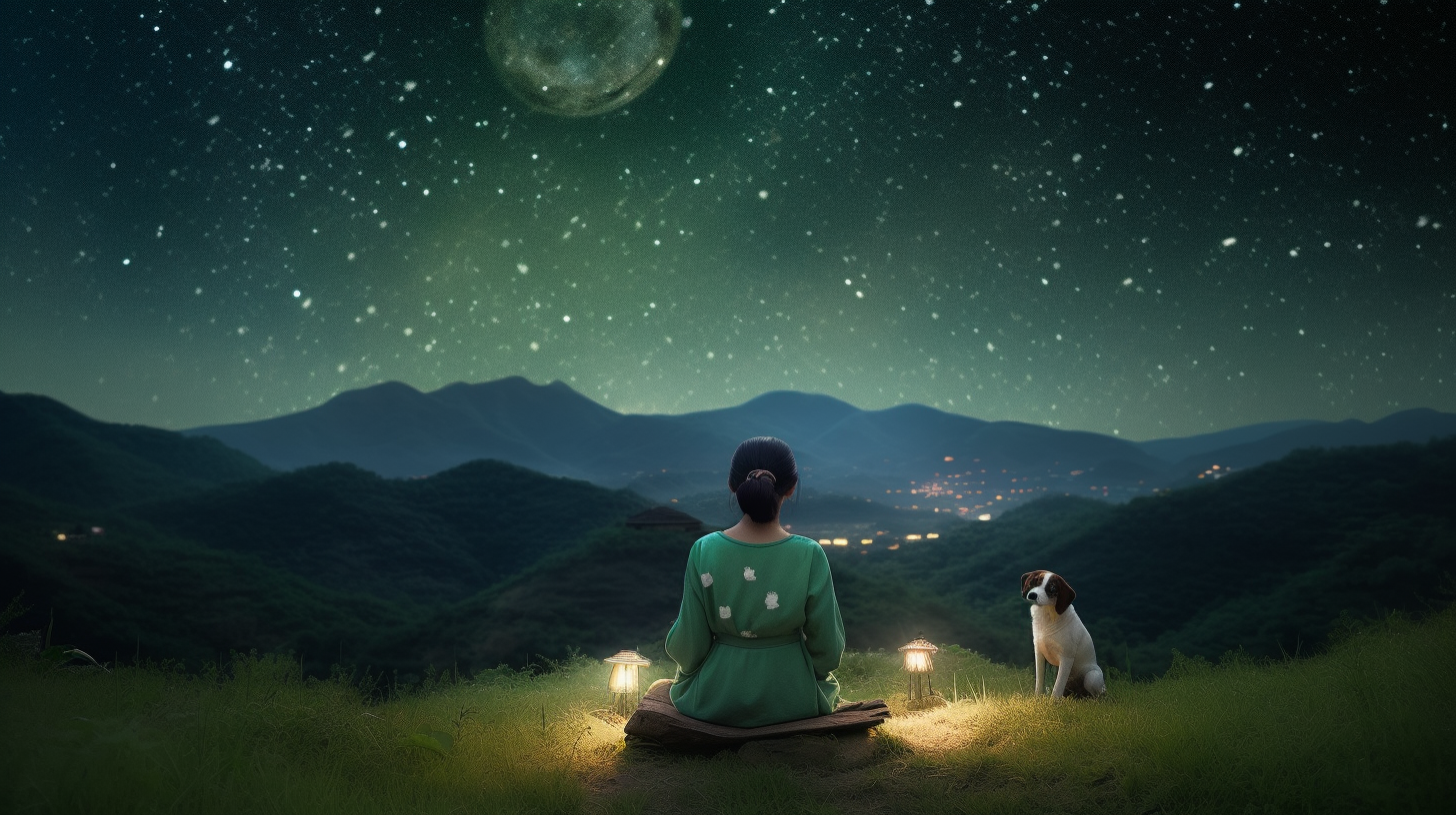 Korean girl in bodhisattva costume sits under starry sky.