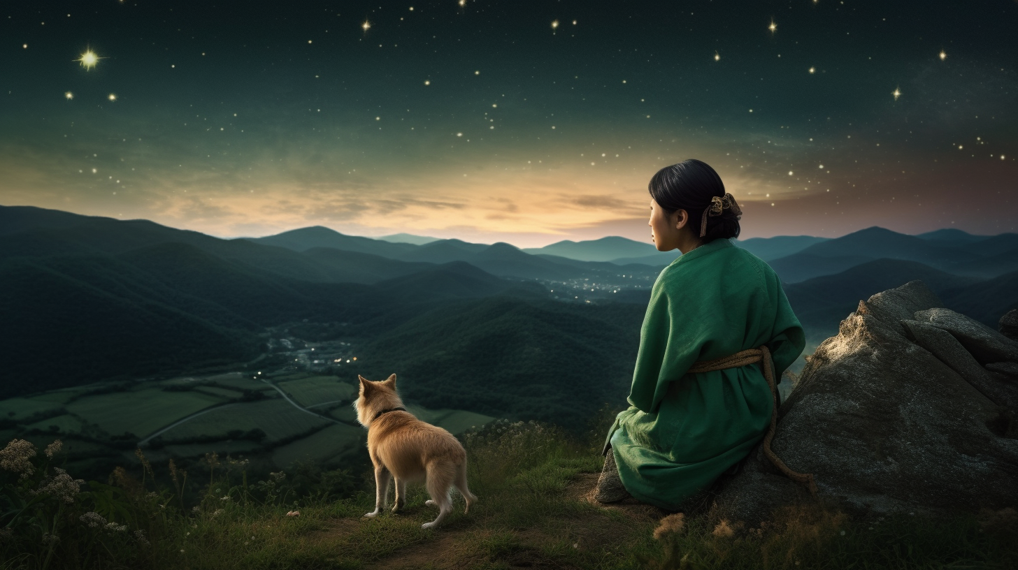 Korean girl in bodhisattva costume sitting under night sky.