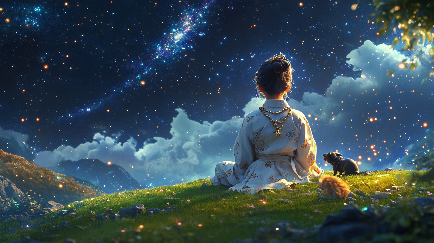 Korean girl in bodhisattva outfit under starry night sky.