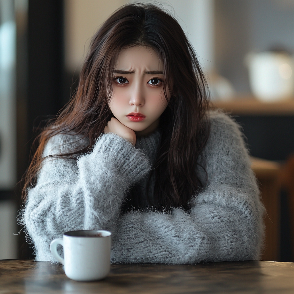 Korean girl in gray sweater, angry at kitchen table.