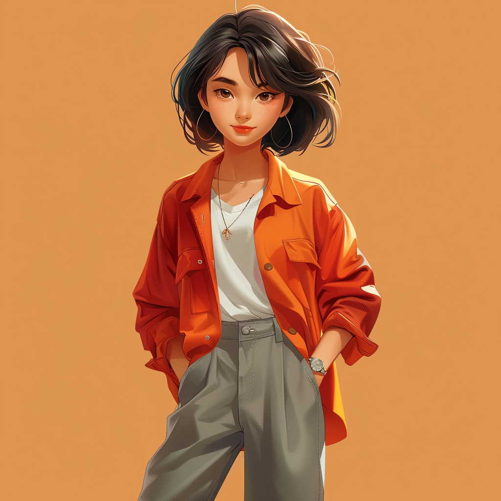 Korean girl in modern outfit, smiling confidently. Artistic illustration.