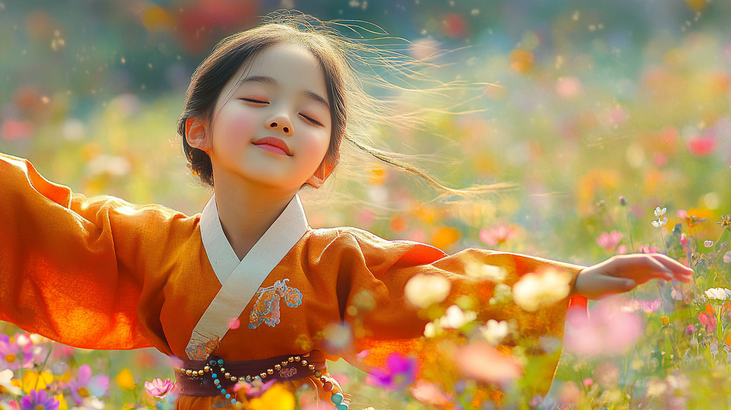 Korean girl monk dancing happily in flower field.