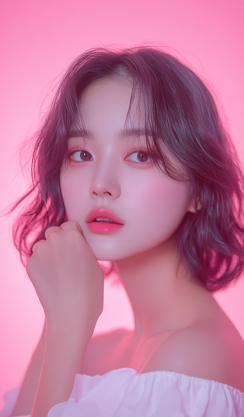 Korean girl with white skin, pink background, portrait photography.