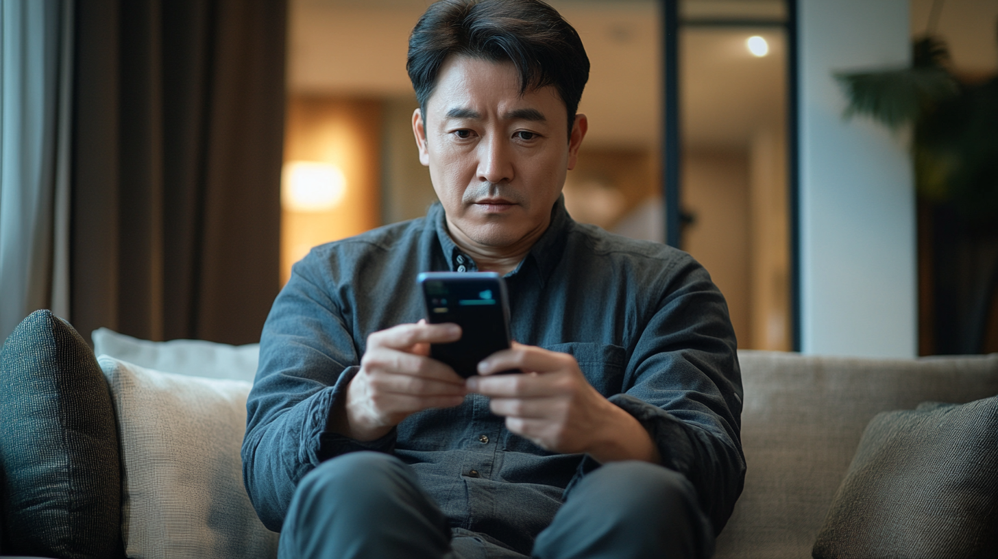 Korean man in 40s engrossed in live commerce broadcast on smartphone 