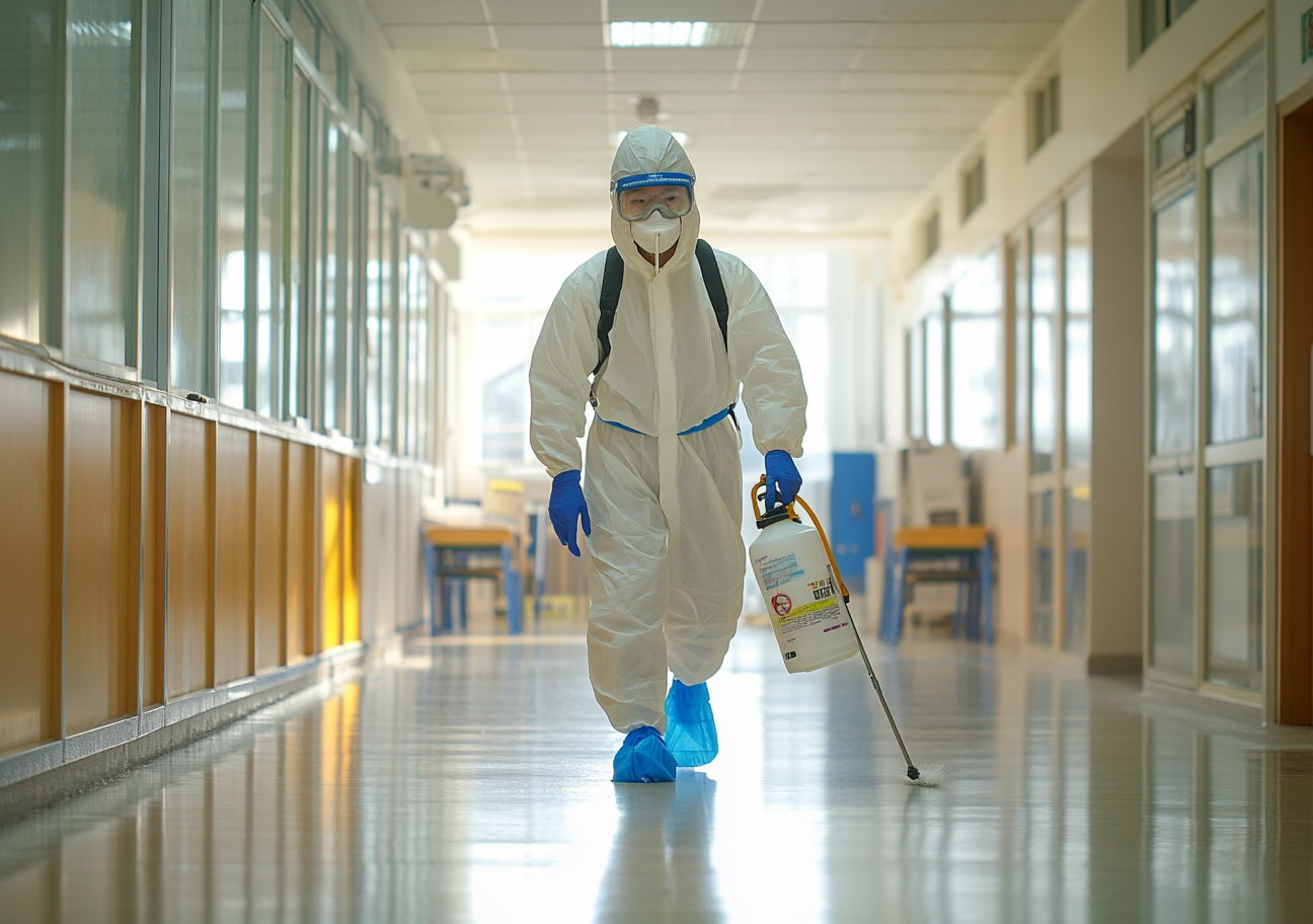 Korean man in protective gear cleaning school with spray.