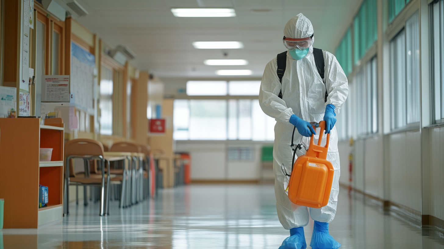 Korean man in protective gear disinfecting bright school.