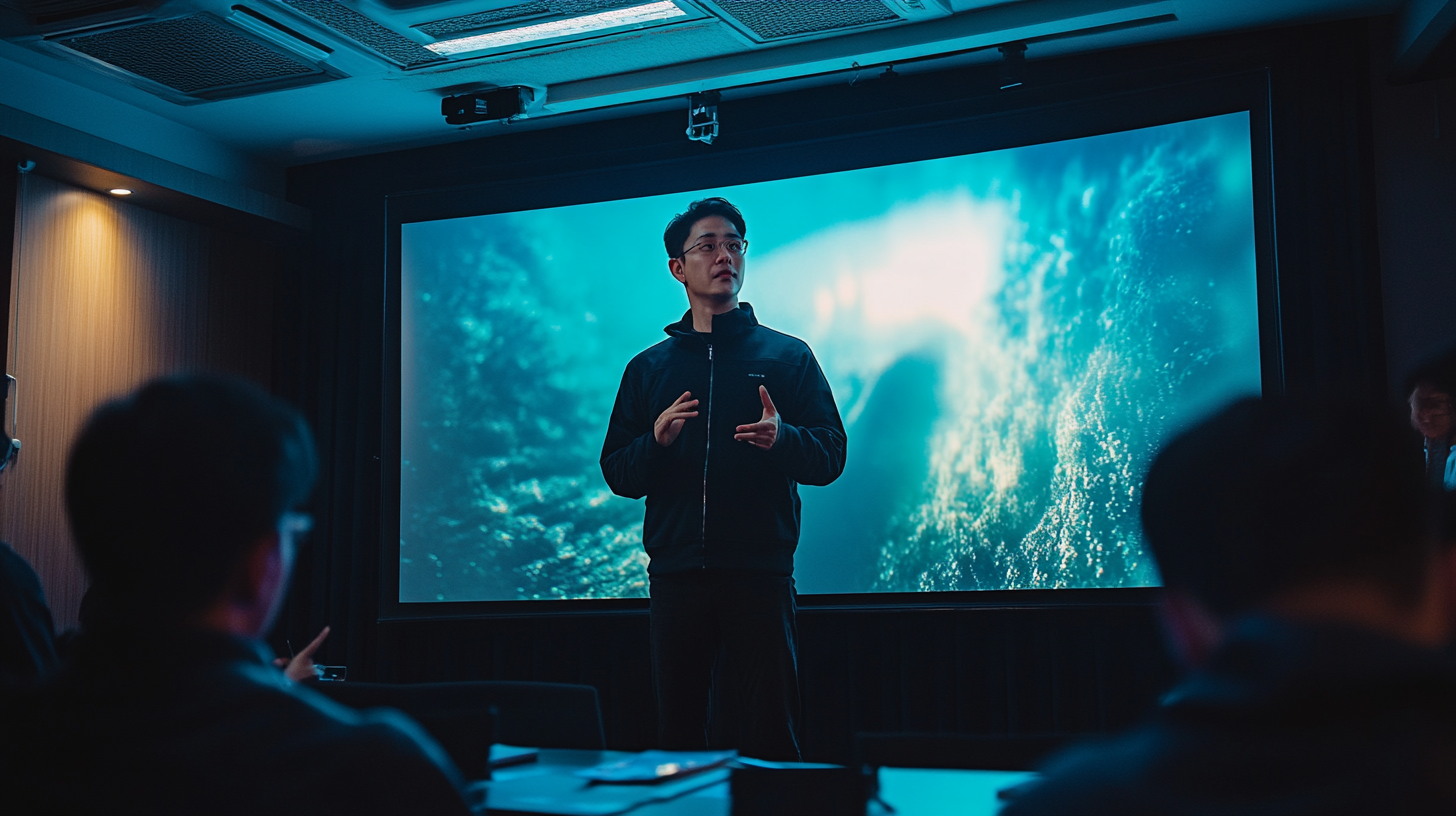 Korean man presenting on large screen to focused audience.